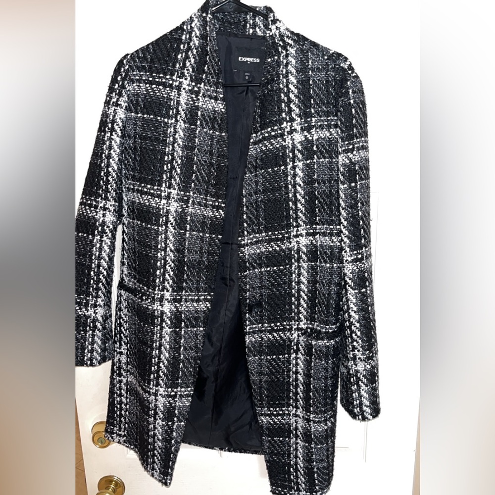 Express Black White Tweed Plaid Coat XS – Longline Chic Winter Jacket